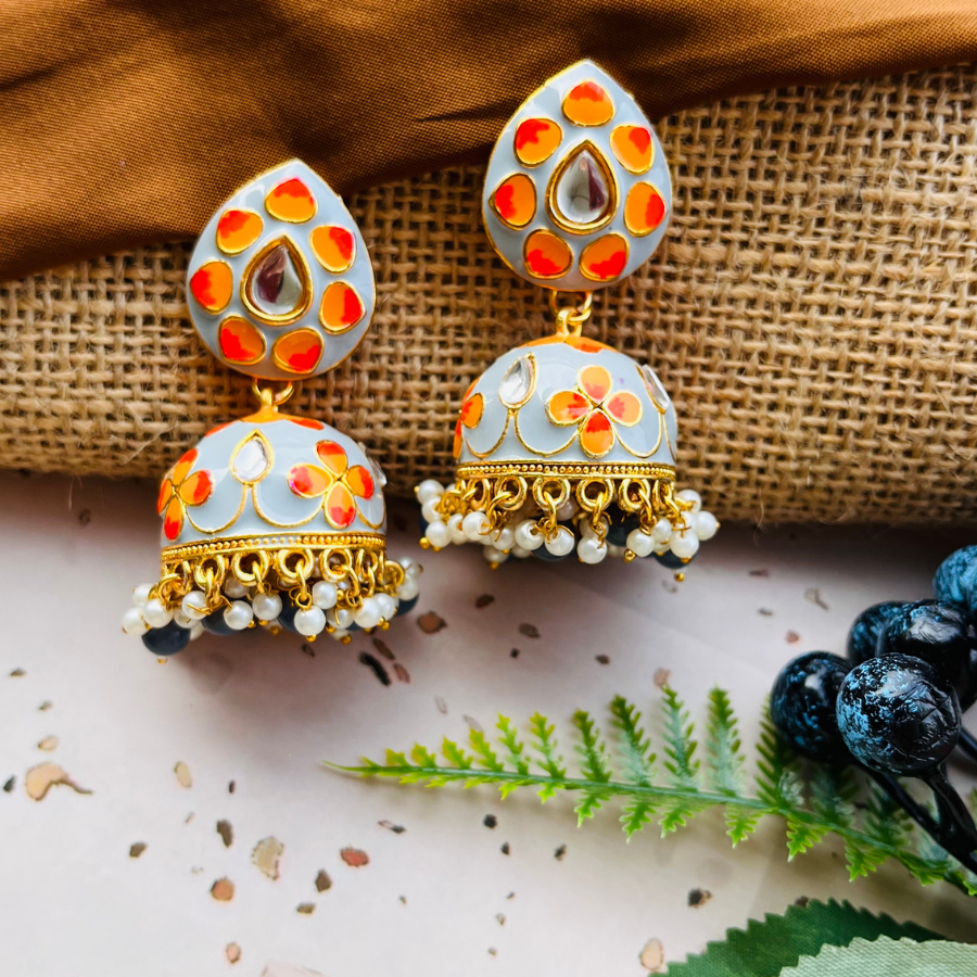 Floral Grey Orange Jhumkas Earrings
