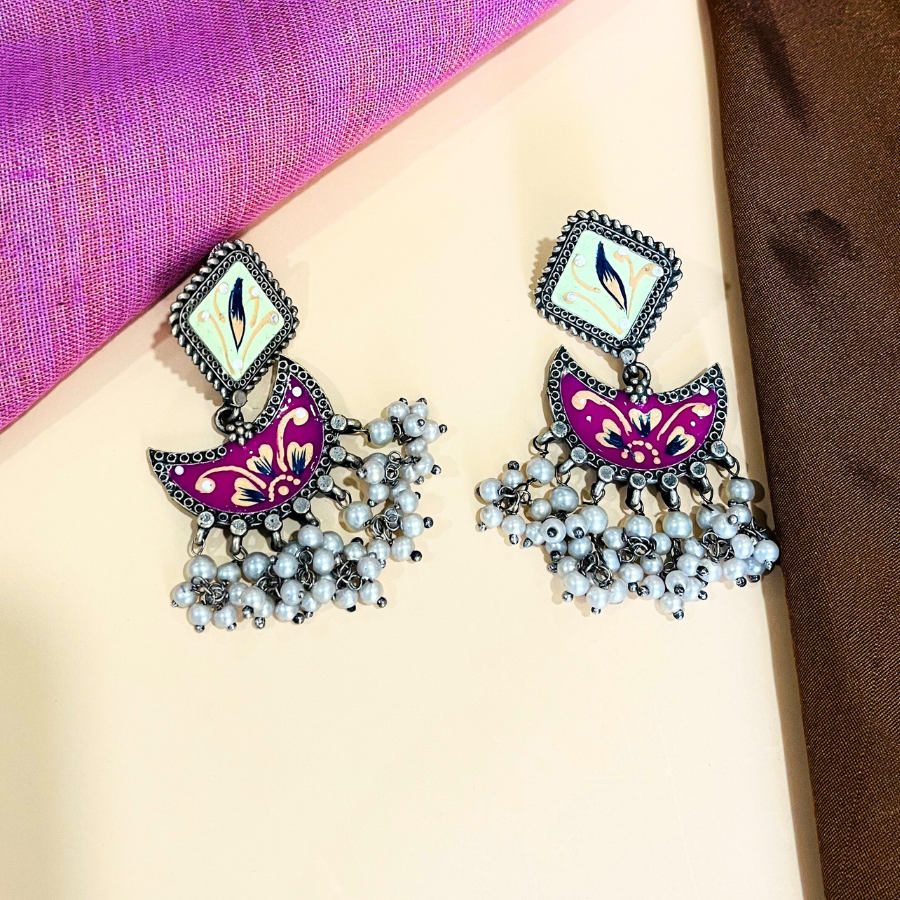 Handprinted Oxidised Chandbali Earrings
