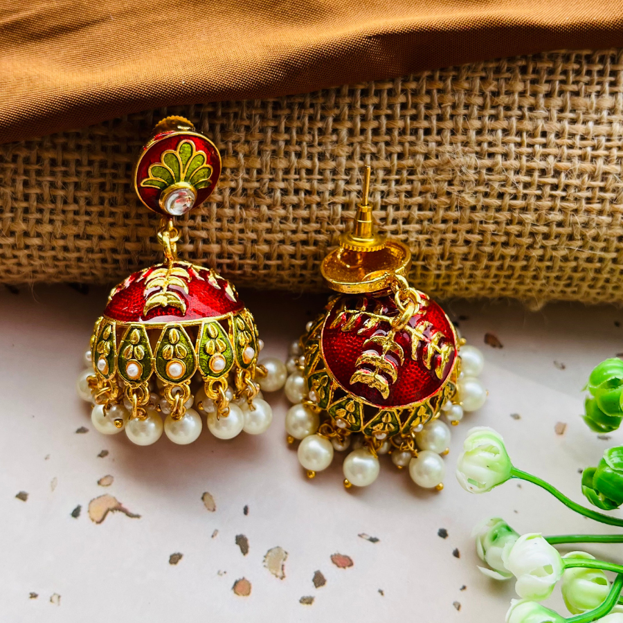 Red Gold Plated Dome Shaped Jhumkas Earrings