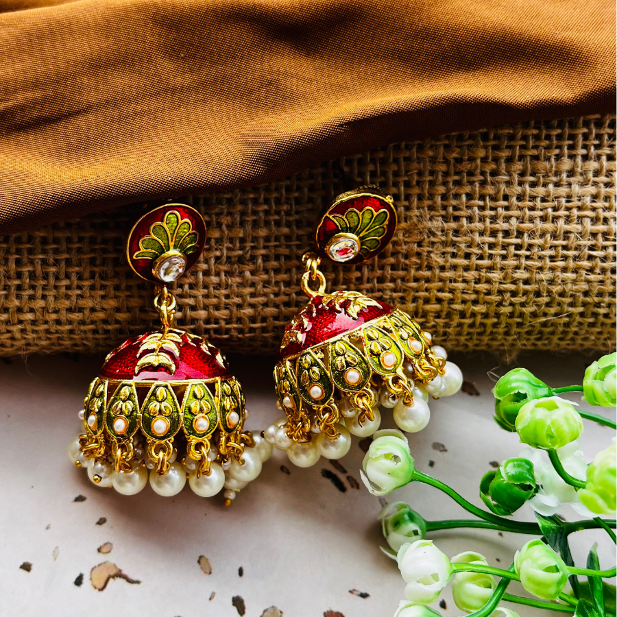 Red Gold Plated Dome Shaped Jhumkas Earrings