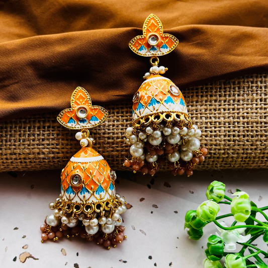 Gold Platted Orange Dome Shaped Kundan Jhumkas