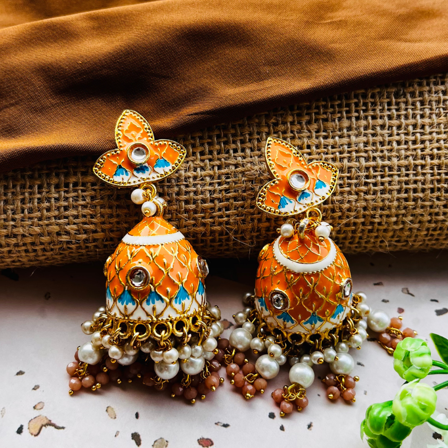 Gold Platted Orange Dome Shaped Kundan Jhumkas