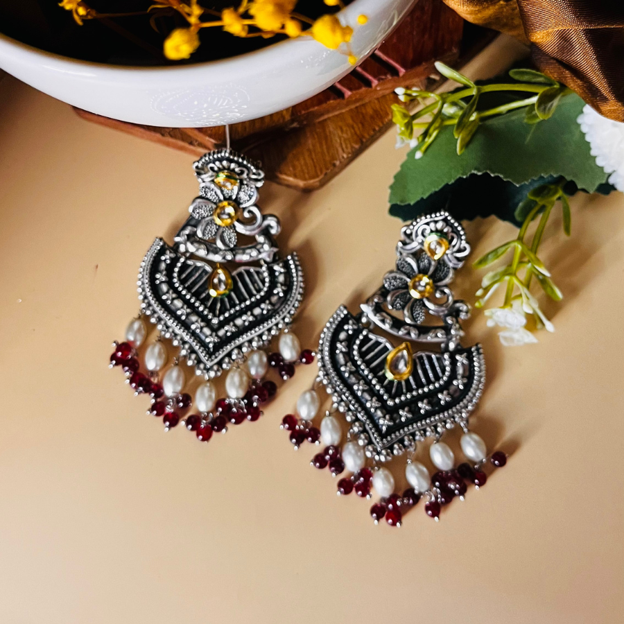 Maroon Color Stone Oxidised Dual Tone Earrings