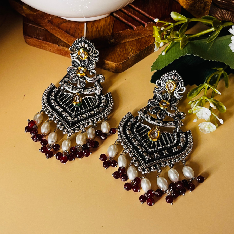 Maroon Color Stone Oxidised Dual Tone Earrings