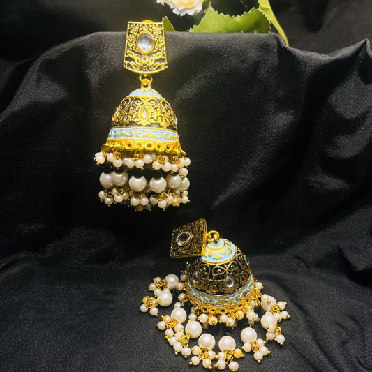 Gold Platted Black Dome Shaped Kundan Meenakari Jhumkas
