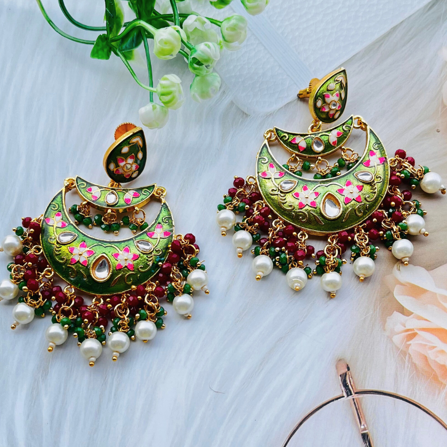 Emerald Meenakari Chandbali Earrings