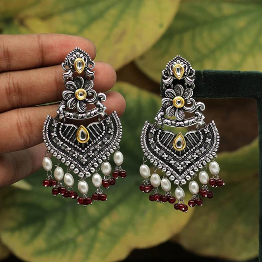 Maroon Color Stone Oxidised Dual Tone Earrings