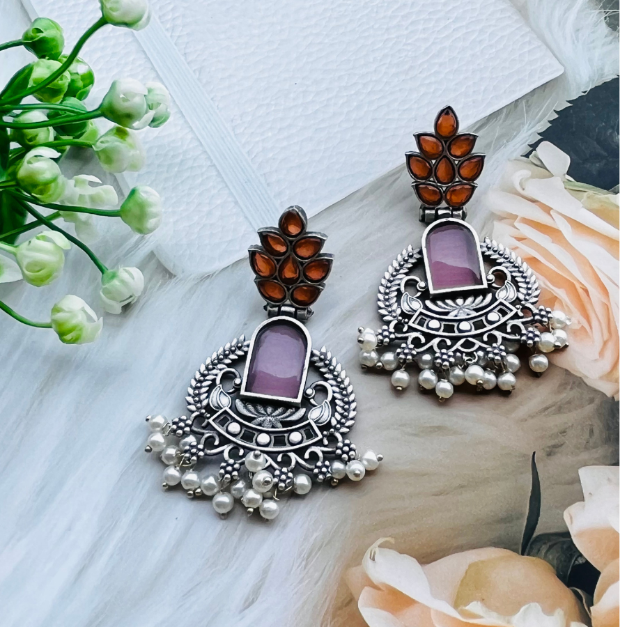 Silver Plated Stone Studded Oxidised Drop Earrings