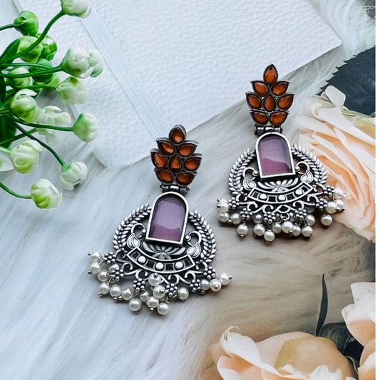 Silver Plated Stone Studded Oxidised Drop Earrings