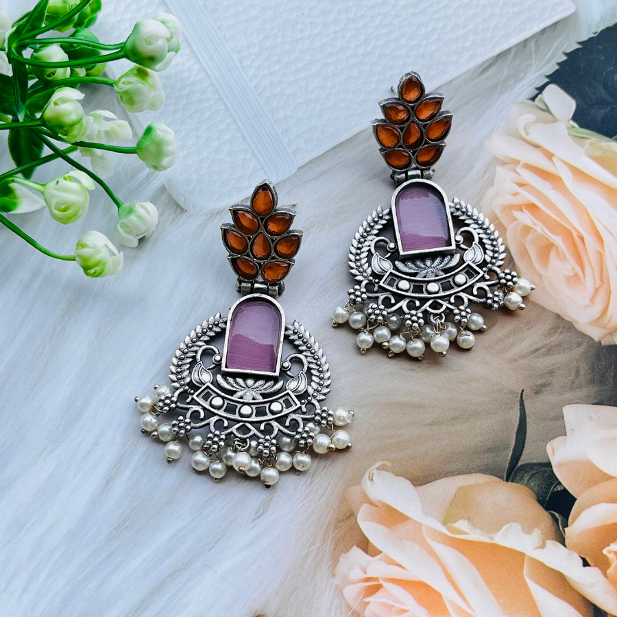 Silver Plated Stone Studded Oxidised Drop Earrings