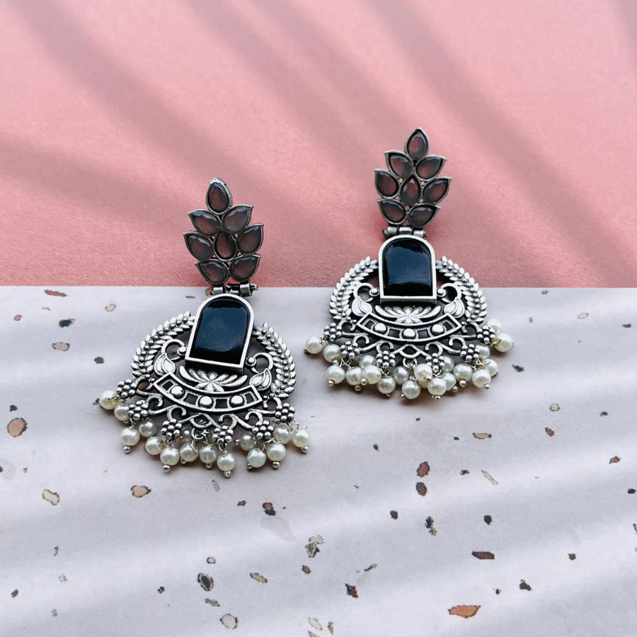 Silver Plated Stone Studded Oxidised Drop Earrings