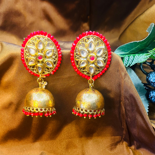 Classic Golden Red Jhumka Earrings