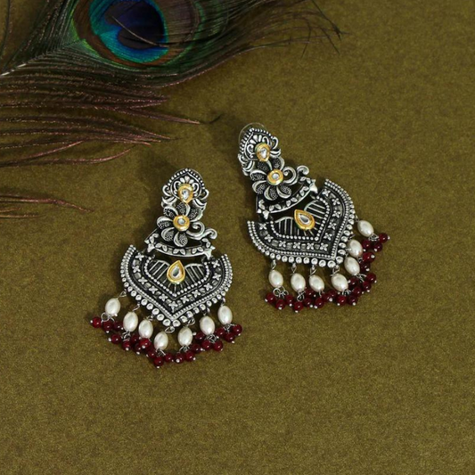 Maroon Color Stone Oxidised Dual Tone Earrings