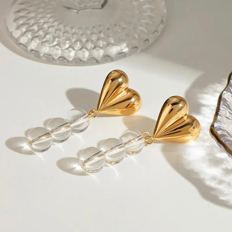18k Gold Heart Crystal Drop Earrings