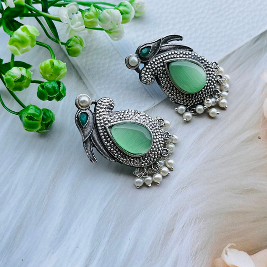 Bird Silver Plated Monalisa Stone Stud Earrings