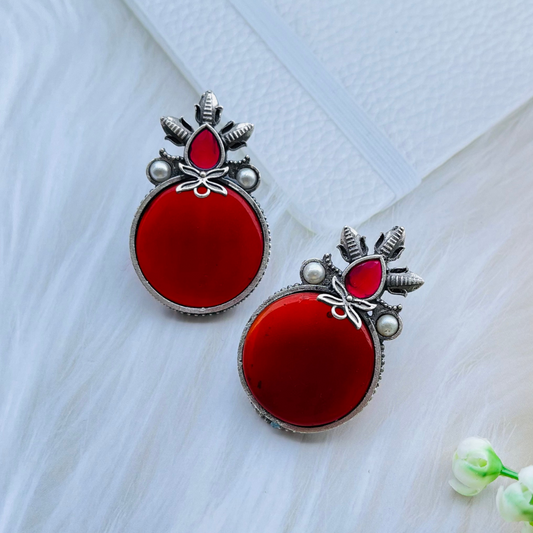 Red Silver Plated Monalisa Stone Stud Earrings