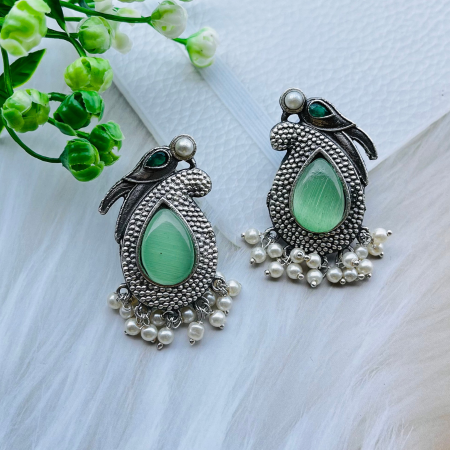Bird Silver Plated Monalisa Stone Stud Earrings