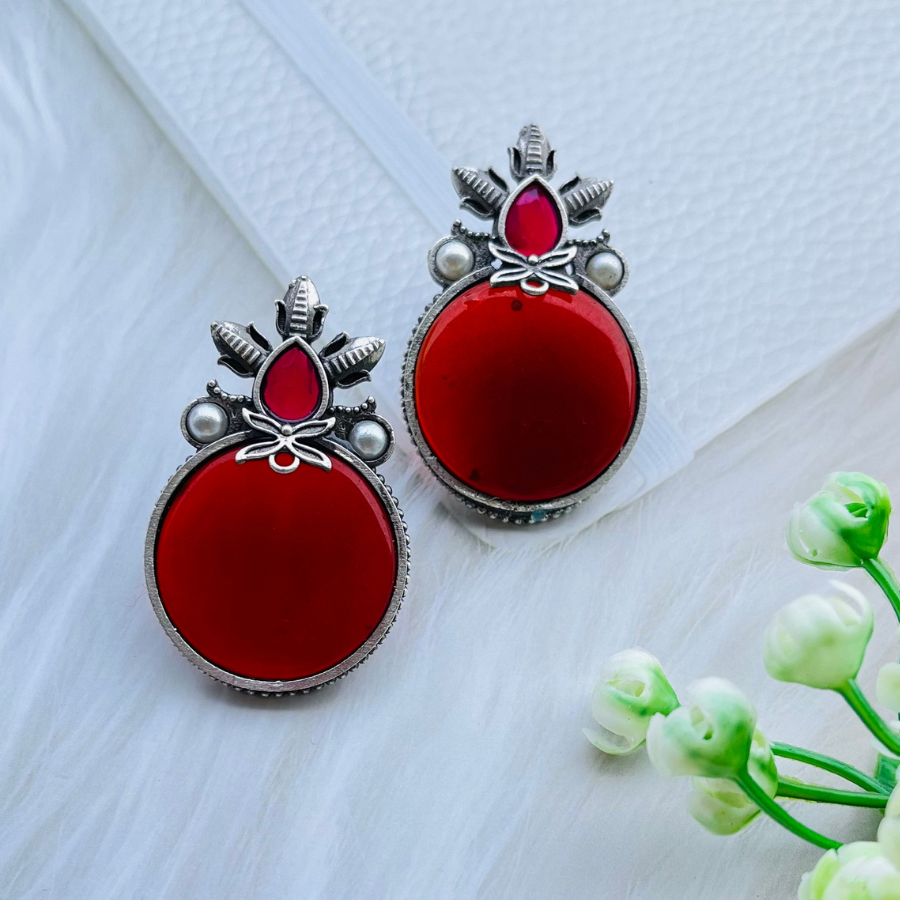 Red Silver Plated Monalisa Stone Stud Earrings