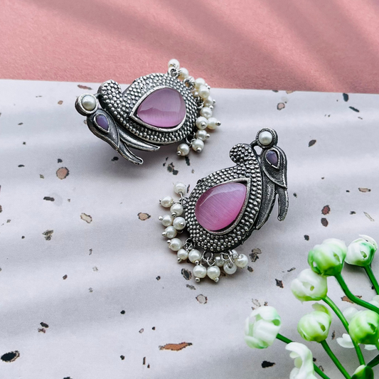 Bird Silver Plated Monalisa Stone Stud Earrings