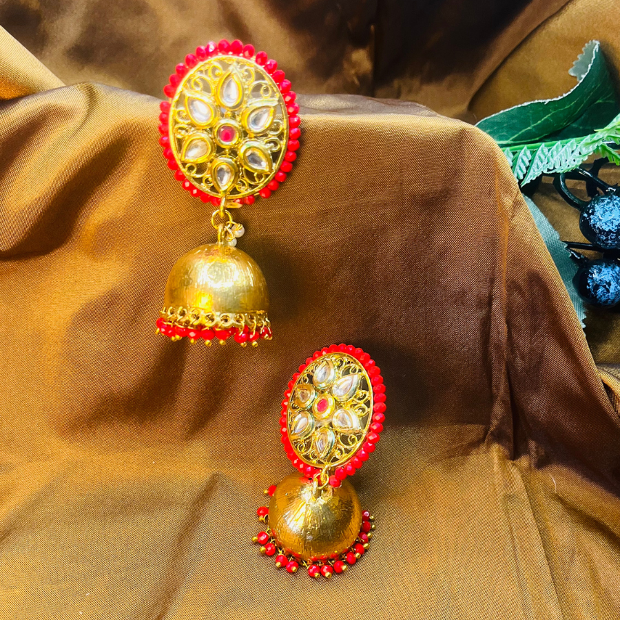 Classic Golden Red Jhumka Earrings