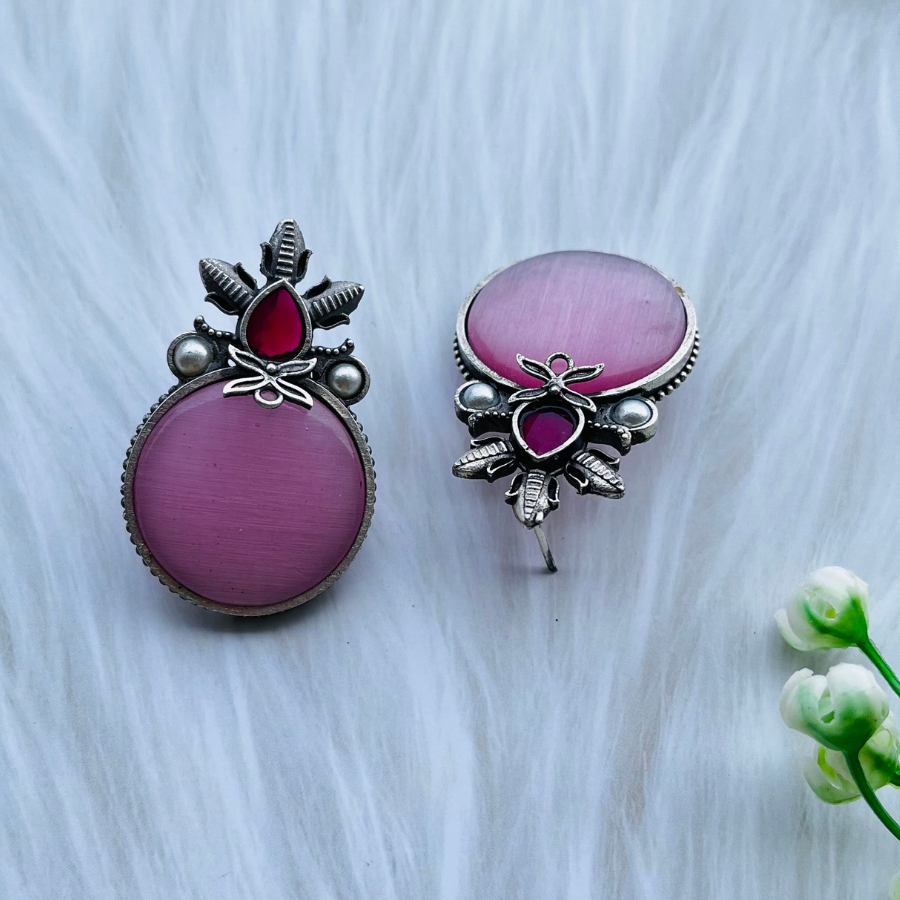 Pink Silver Plated Monalisa Stone Stud Earrings