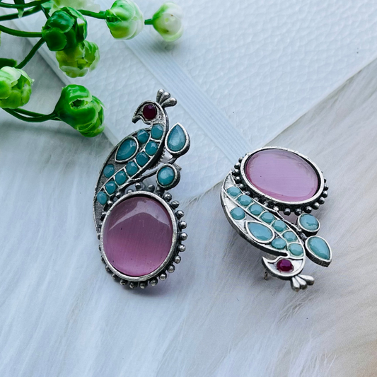 Peacock Silver Plated Monalisa Stone Stud Earrings