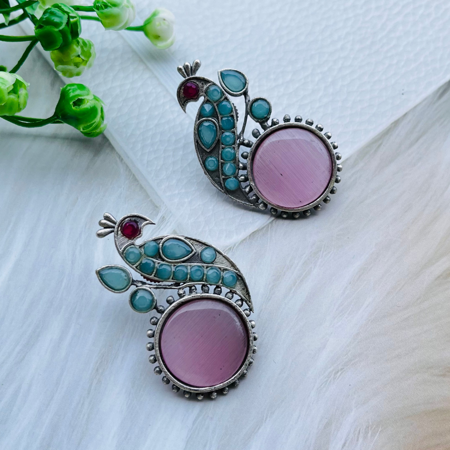Peacock Silver Plated Monalisa Stone Stud Earrings