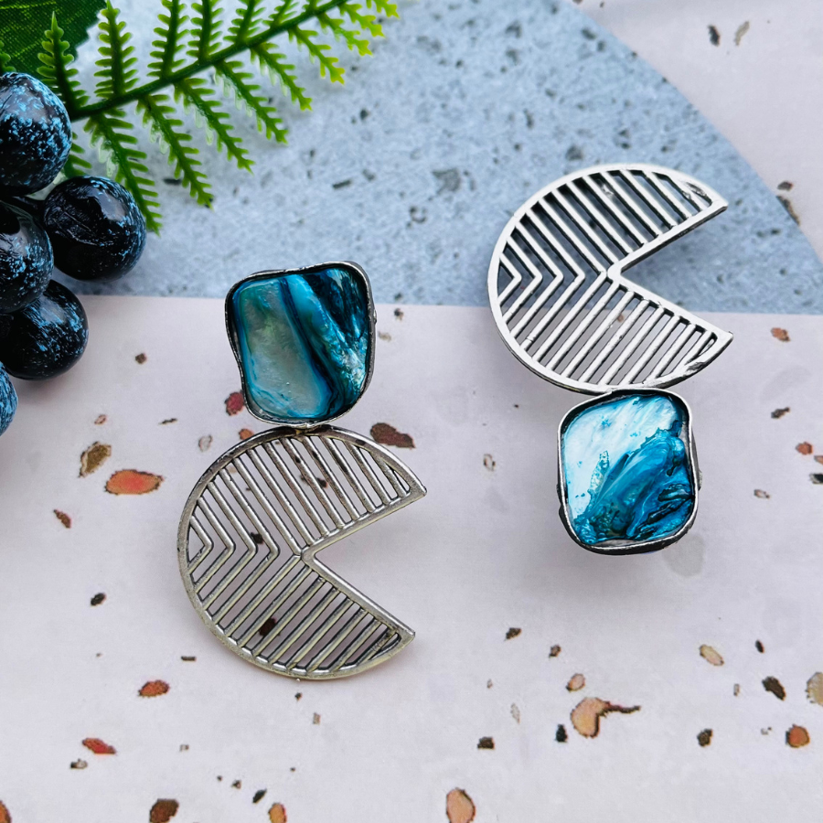 Sky Blue MOP Pacman Shape Hoop Earrings