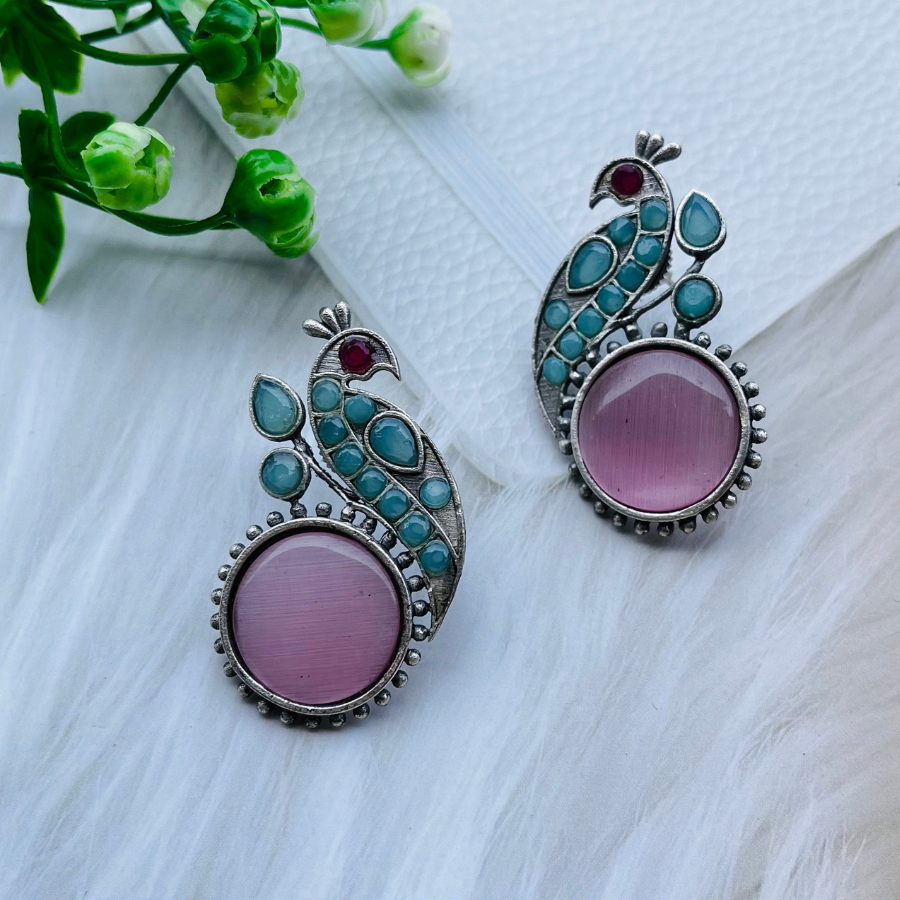 Peacock Silver Plated Monalisa Stone Stud Earrings