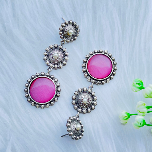 Pink Oxidised Silver Plated Monalisa Stone Drop Earrings