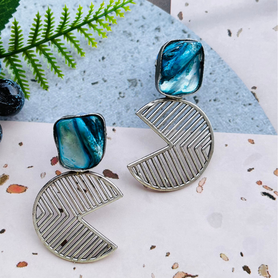 Sky Blue MOP Pacman Shape Hoop Earrings
