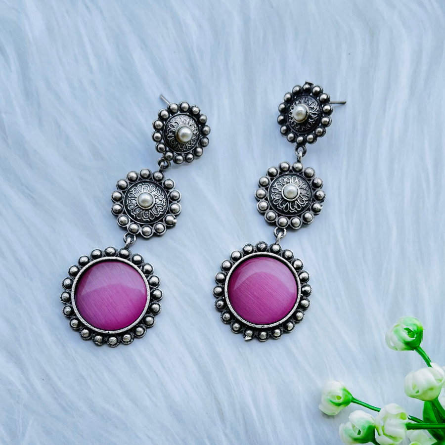 Pink Oxidised Silver Plated Monalisa Stone Drop Earrings