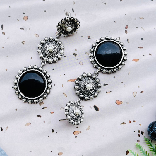Black Oxidised Silver Plated Monalisa Stone Drop Earrings