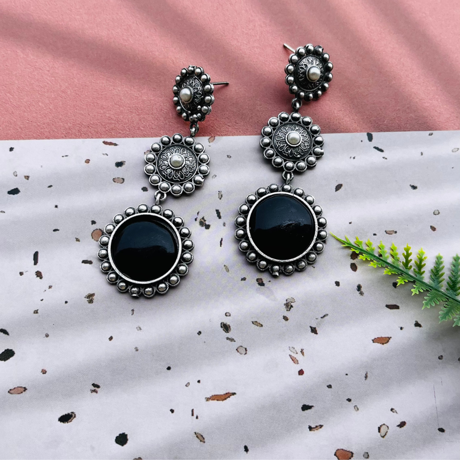 Black Oxidised Silver Plated Monalisa Stone Drop Earrings