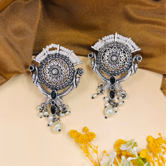 Oxidized Silver Beaded Drop Earrings