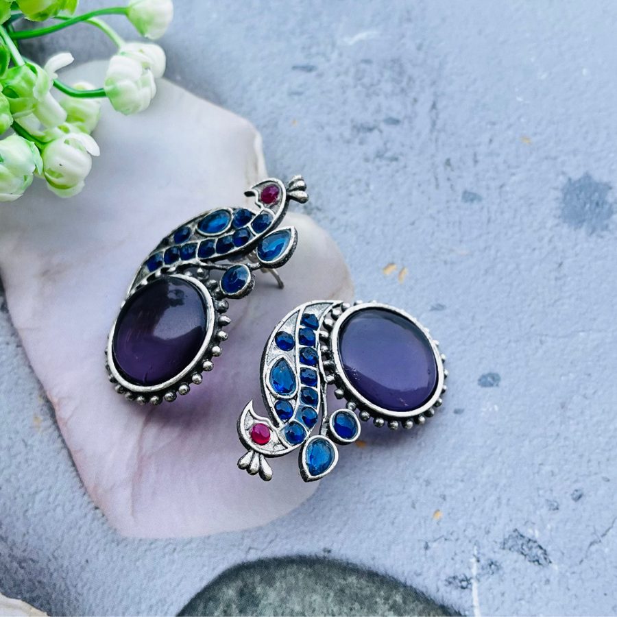 Peacock Silver Plated Monalisa Stone Stud Earrings