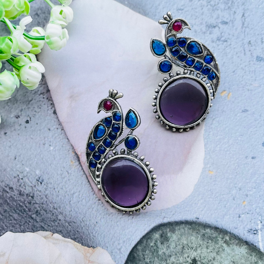 Peacock Silver Plated Monalisa Stone Stud Earrings
