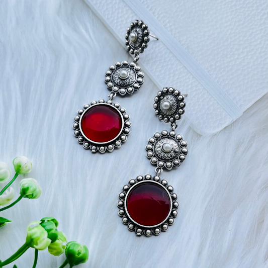 Red Oxidised Silver Plated Monalisa Stone Drop Earrings