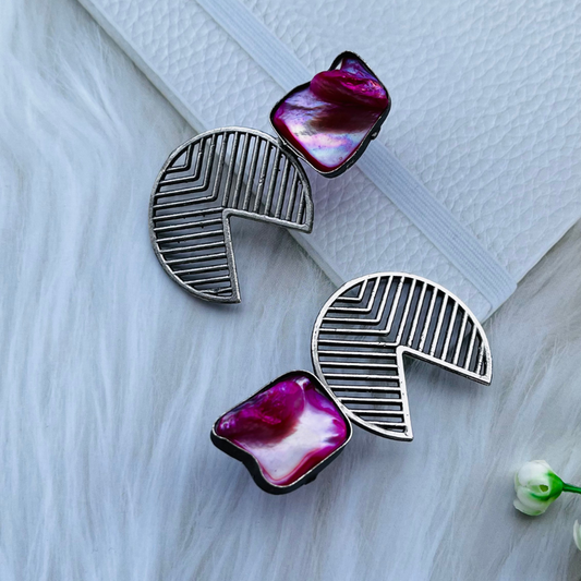 Pink MOP Pacman Shape Hoop Earrings