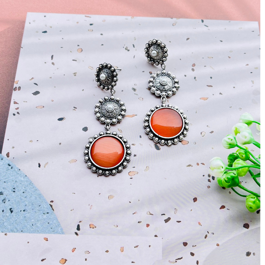 Orange Oxidised Silver Plated Monalisa Stone Drop Earrings