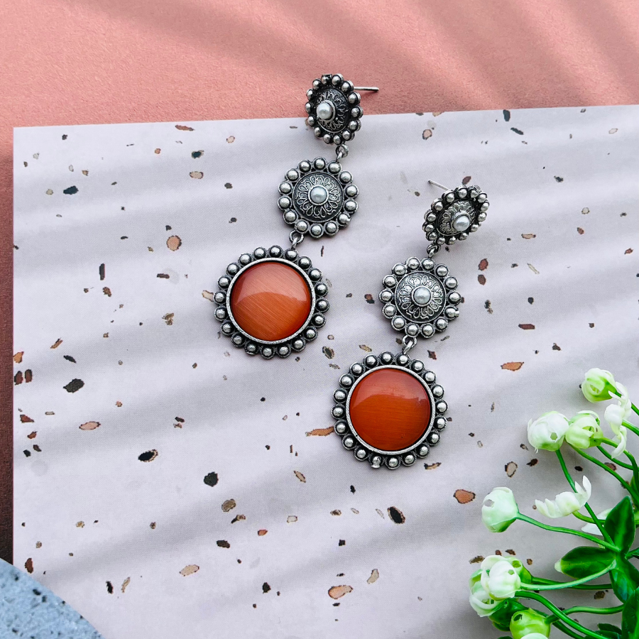 Orange Oxidised Silver Plated Monalisa Stone Drop Earrings
