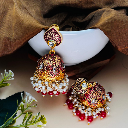 Gold Platted Meenakari Jhumka Earrings