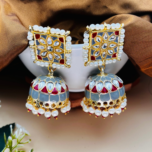 Grey Red Jhumkas Earrings