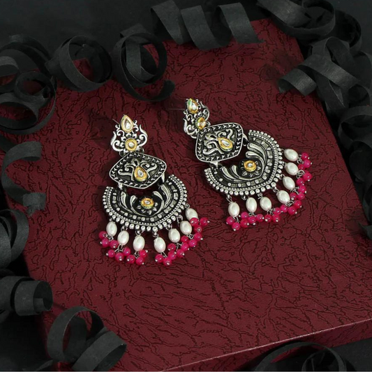 Pink Stone Oxidised Dual Tone Earrings