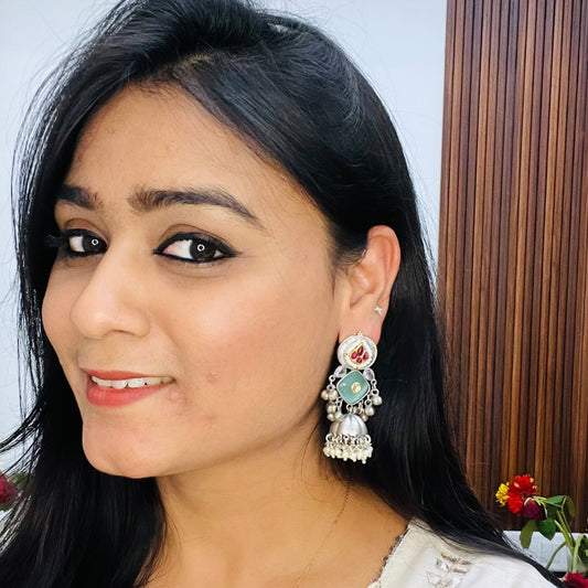 Silver Mint Jhumkas Earrings
