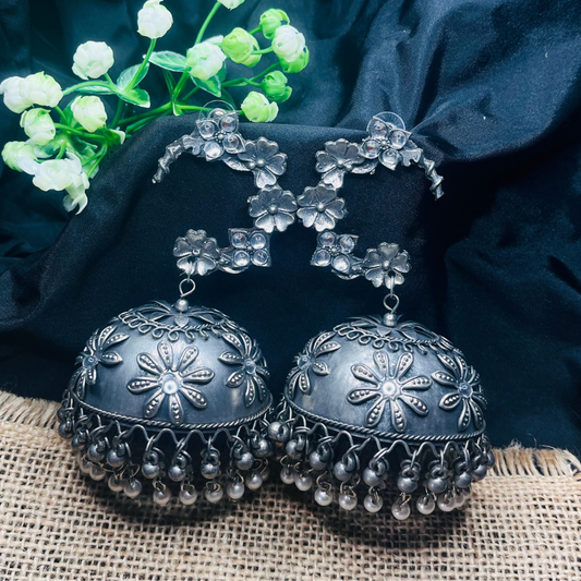 Oxidized Silver Plated Floral Dome Shaped Jhumkas