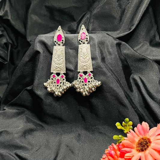 Antique Finishing Oxidised Silver Pink Studs Earrings