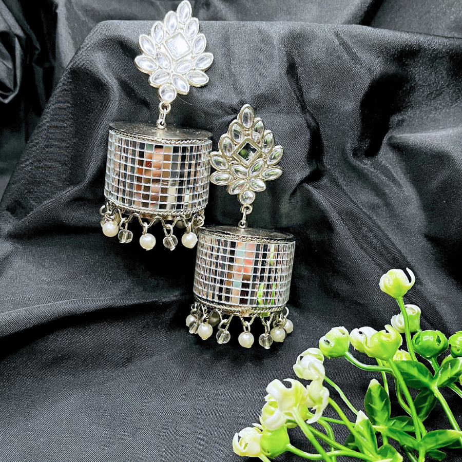 Silver-Toned Mirror Jhumki Earrings
