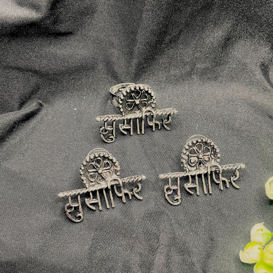 Silver-Plated Oxidised Musafir Studs Earrings with Figure Ring