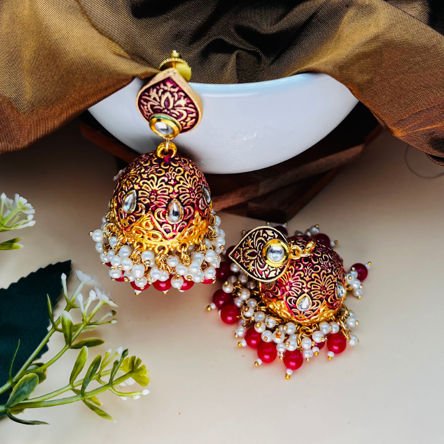 Gold Platted Meenakari Jhumka Earrings